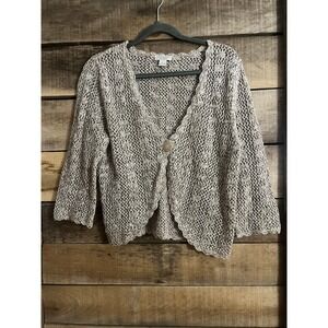 Christopher & Banks Womens Open Knit Cardigan Tan White Scalloped Button Large